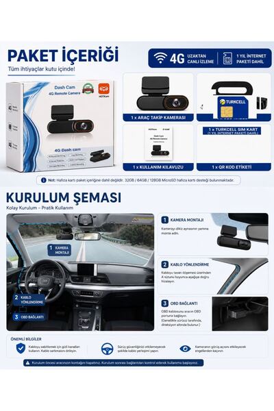 O-KAM Araç Içi Kamera Uzaktan Araç Kamerasını İzleme 1080P Kamera Gps +1 Yıl 4G İnternet