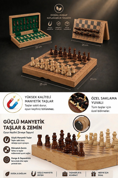 Livenda Özel Vernikli Mıknatıs Taşlı Ahşap Katlanabilir Kutulu Satranç Oyunu ...