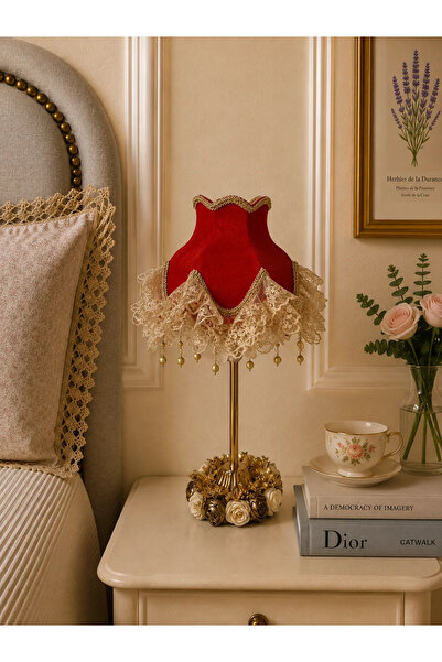 Dekovien Velvet Covered Red Lampshade with Floral Decoration Other