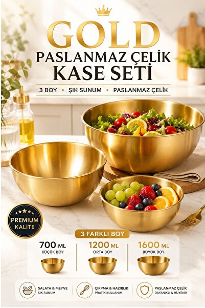 Kitchen Beauty 3'Lü Gold Paslanmaz Çelik Karıştırma Ve Salata Kasesi Çırpma K...
