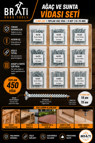 Wood And Chipboard Screw Set – 4 Mm Diameter / Total 450 Screws / 9 Sizes (16-70 MM)
