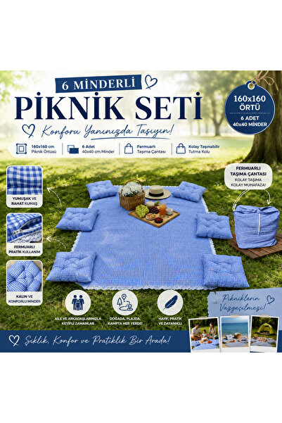 GÖKDAĞ BEDDING Mavi Potikare Piknik Seti 6 Kişilik Minderli Piknik Ortüsü Taş...