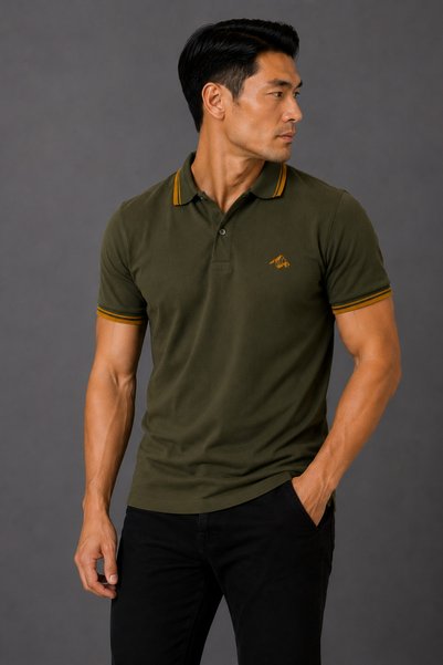 Mesh Men's Khaki Polo Collar T-Shirt 100% Cotton Pique Fabric Regular Fit Mustard Striped Short Sleeve Mountain Embroidery
