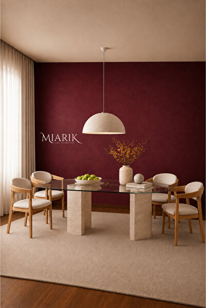 MIARIK DESIGN Traverten Uzun C Ayak Cam Tablali Aurora Yemek Calisma Masası