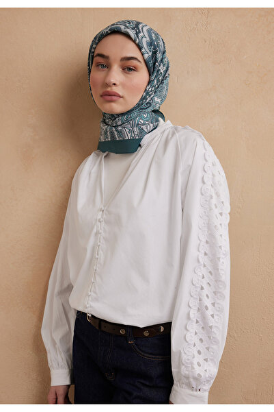 Freshscarfs Aquamarine Ethnic Floral Pattern Cotton Silk Scarf