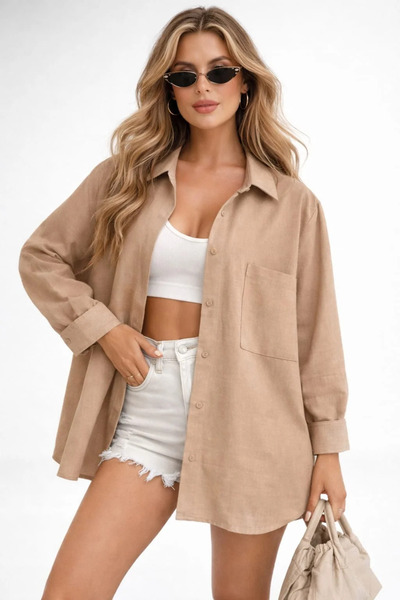 Rouge basıc Oversize Keten Dokulu %100 Pamuk Salaş Gömlek