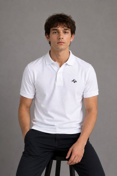 Mesh Men's White Polo Collar T-Shirt 100% Cotton Pique Fabric Regular Fit Short Sleeve Mountain Embroidery