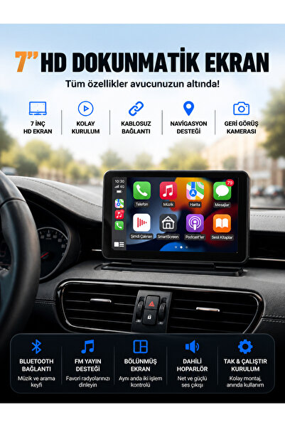 Cure 7 İnç Araç İçi CarPlay Multimedya Ekran Tüm Araçlara Uyumlu Geri Görüş K...
