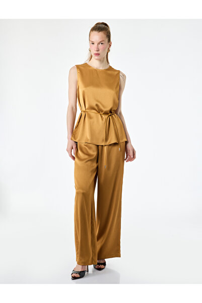 Koton Sleeveless Crew Neck Tie-Waist Satin Blouse
