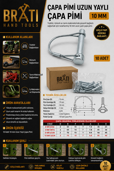 BRATİ HAND TOOLS Çapa Pimi Uzun Yaylı Çapa Pimi 10 Mm 10 Adet