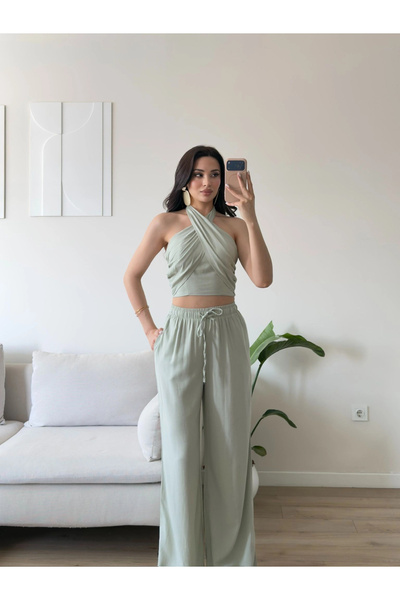 Zoom Butik Keten Halter İkili Takım - YEŞİL