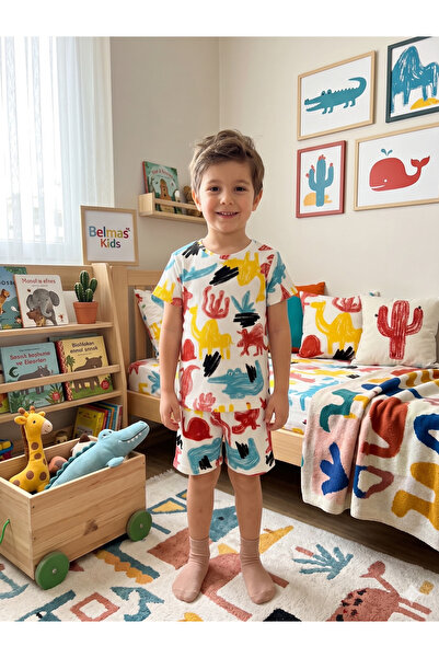 elmas kids Dečački 100% pamuk delni set pidžame sa kratkim rukavima, beli let...