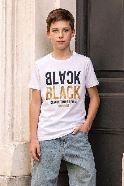 Fulla Moda Black Yazı Baskılı Bisiklet Yaka Erkek Çocuk Tişört
