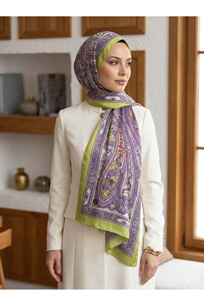 Vissona %100 İpek Etro Desenli Fıstık Yeşili Renkli 92x210 Şal