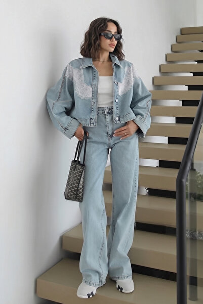SHILSEE BEUTİQUE Women's Lace-Detachted Denim Bat Sleeve Jacket and Pants Sui...