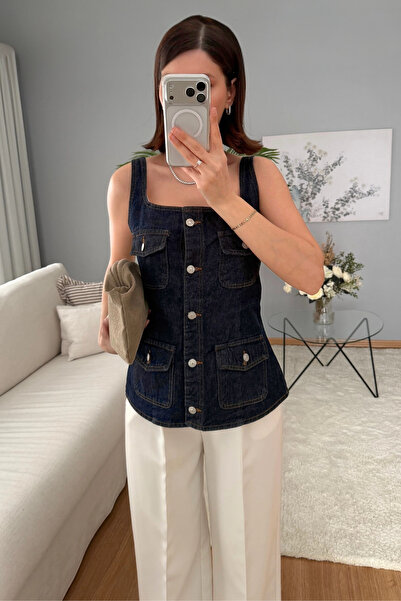 SHILSEE BEUTİQUE BLUZĂ VESTĂ DENIM CU DETALII BĂRBAȚITE, PENTRU FEMEI, ALBAST...