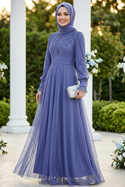 Neva Style Üzeri Boncuk İşlemeli İndigo Mavisi Tesettür Abiye Elbise 21780IM