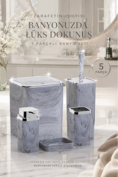 Okyanus Home Kare Mermer Desenli Banyo Seti 5'li