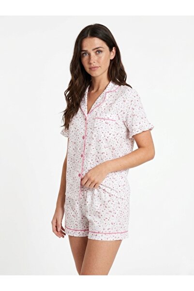 Serbella Flowers Beyaz Organik Müslin Şortlu Pijama Takım Pamuk Terletmeyen