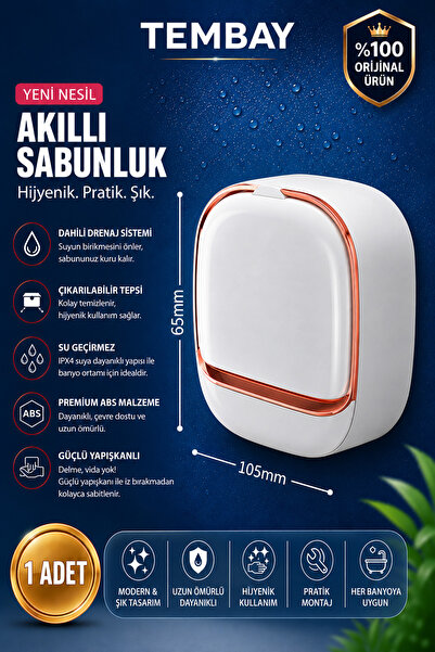 TEMBAY Beyaz Yapışkanlı Modern Sabunluk Kapaklı Kendinden Boşaltmalı Su Tutma...