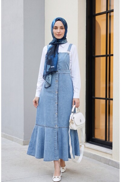 Modamorfo button-front side pocketed ruffled-hem denim pinafore - ice blue