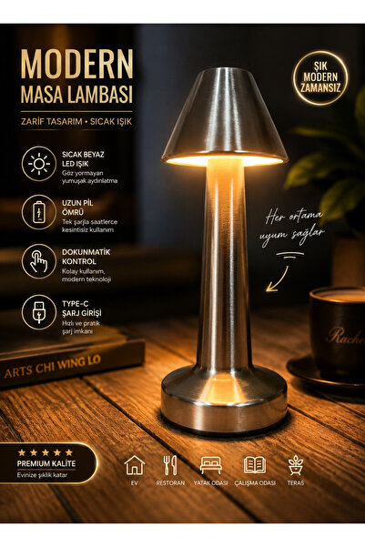 EyluX Shop Dekoratif Şarjlı Dokunmatik 3 Renkli Led Masa Lambası Usb-TypeC Ka...