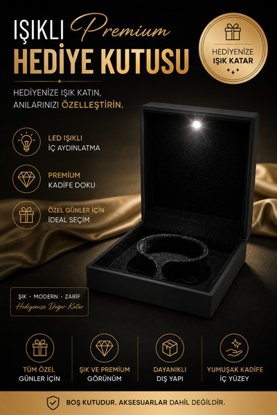 Çayla Premium LED Işıklı Lüks Pırlanta Bilezik ve Saat Kutusu - Siyah Renk He...