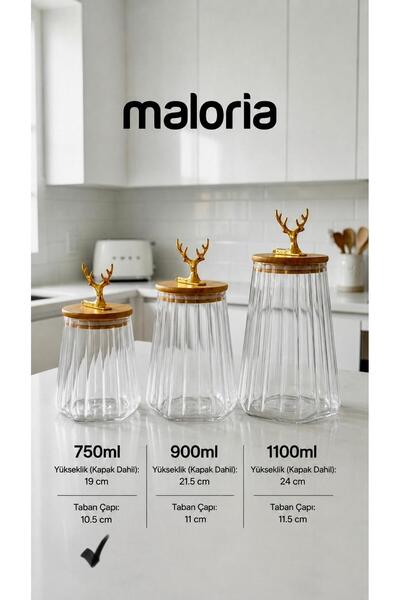 Maloria Bambu Gold Geyik Kapaklı Kristal Şeffaf Konik Çizgili Cam Kavanoz | 1...
