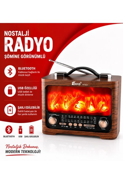 FEPE Şömine Efektli Retro Ahşap Görünümlü USB TF Girişli Nostaljik Radyo