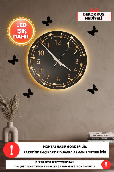 Dekorvin Led Işıklı Minimalist Duvar Saati Sessiz Dekoratif Modern Siyah Ahşa...