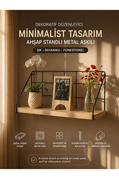 Milenay Minimalist Tasarım Metal Askılı Ahşap Raf - Tekli Model, Şıklık Ve Fo...