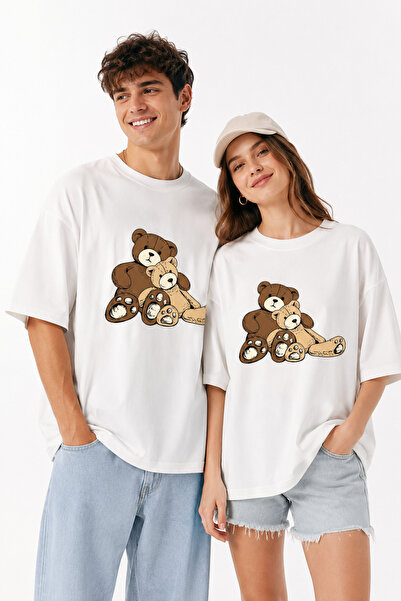 Luliana Teddy Bear Printed Unisex White Oversize Comfortable Fit Crew Neck T-...