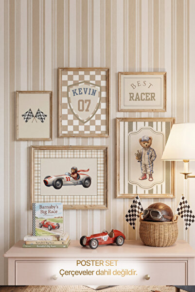 Kids Vintage Yarışcı Ayı araba temalı Çerçevesiz 5li Set