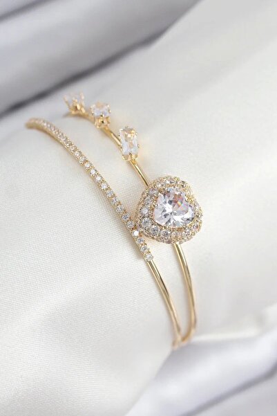 Generic Brand Brass Zircon Stone Heart Model Gold Color Women's Bracelet Tj-B...
