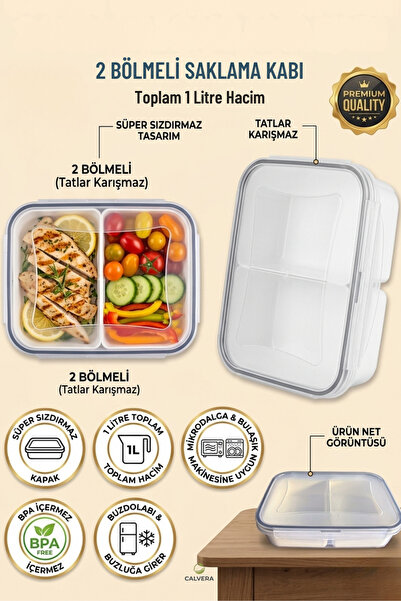 CALVERA 2 Bölmeli Sızdırmaz Lunch Box Saklama Kabı - 1 Litre Beslenme Kutusu