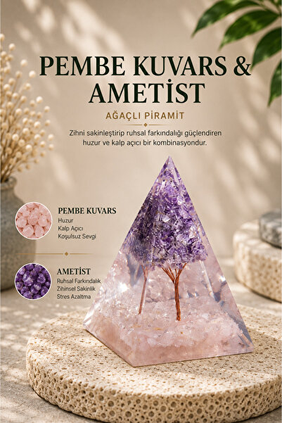 Saff Doğal Taş Pembe Kuvars & Ametist Ağaçlı Piramit