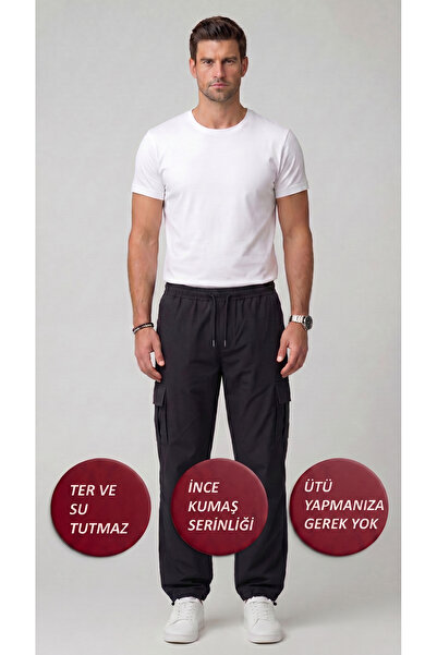Leopars Men's Black Parachute Fabric Baggy Pants with Commando Pockets and Ad...