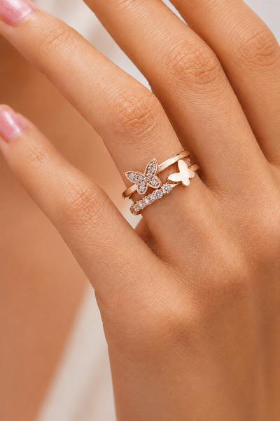 Siset Gümüş 925 Ayar Rose Gold Kaplama Zirkon Taşlı Kelebek Model Gümüş Yüzük