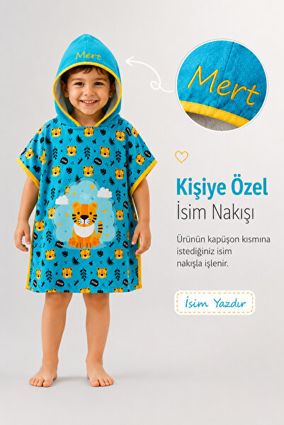 minilee children's happiness Sevimli Aslan - İsimli Çocuk Kapşonlu Panço Havl...
