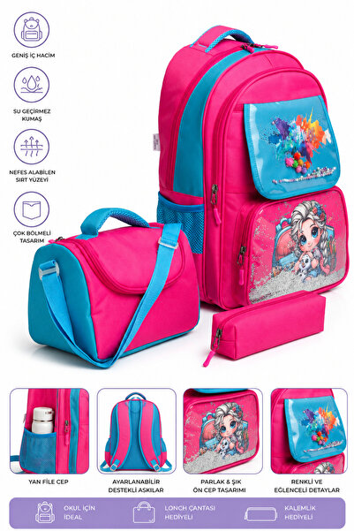 MİECZ BAGS Sevimli Karakter Figürlü Kore Tarzı Süslü Çok Bölmeli İlkokul Besl...