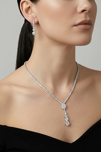 Valmont Accessories Kristal Taşlı 2'li Kolye ve Küpe Seti - Düğün, Kına, Nişa...