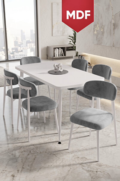 Canisa Runes Serisi MDF Sabit 80x130 Beyaz Mutfak Masası Takımı 6 Gri Sandalye