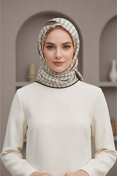 Vissona %100 Twill İpek Monogram Ve Şerit Desenli Taba - Siyah Renkli 90x90 E...