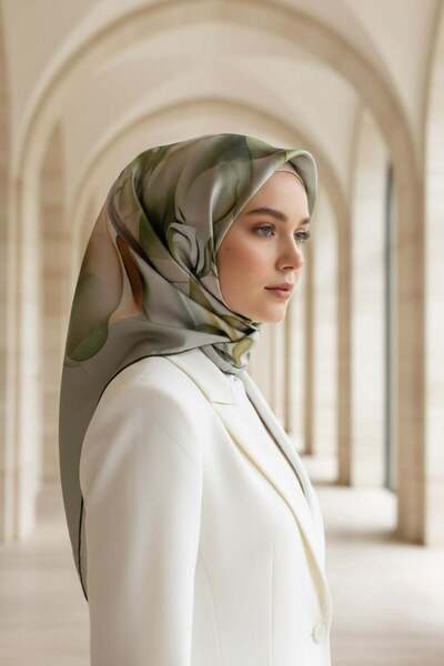 Vissona %100 Twill İpek Büyük Çiçek Desenli Haki - Somon Renkli 90x90 Eşarp D...