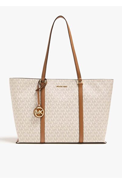 Michael Kors حقيبة كتف نسائية من الجلد باللون البيج مع نقوش MK ومشبك متأرجح 3...