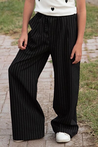 Breeze Pantaloni pentru fete cu dungi subțiri, cu talie dublă, 8-14 ani, negru