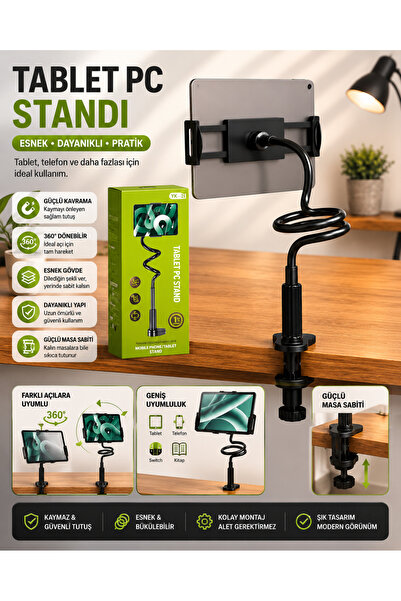 YK 360° Döner Tablet Telefon Tutucu Masa Kıskaçlı Metal Esnek Stand 4.7-12.9 ...