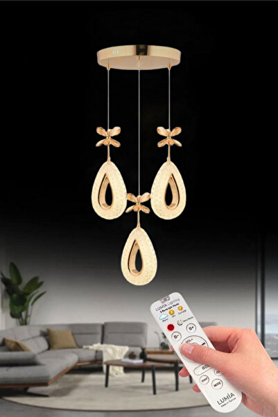 Lumia Lighting Damla Model 3'lü Gold Kumandalı 3 Renk Modu Ledli Kristal Taşl...