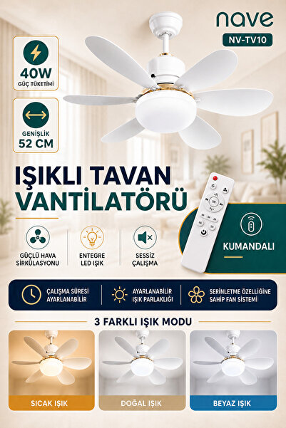 nave NV-TV10 IŞIKLI TAVAN VANTILATORU 6 KANAT, 3 IŞIK MODU, 3 HIZ AYARI, 40W,...