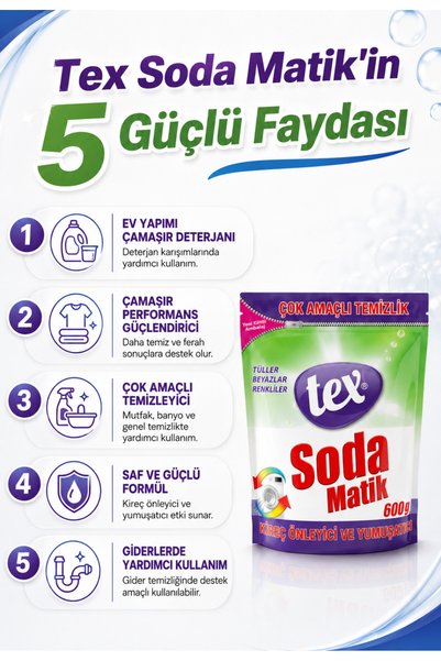 Tex Kireç Önleyici, Yumaşıtıcı Çok Amaçlı Temizlik Soda Matik Çok Amaçlı Temizlik 600 ML Güçlü Formül